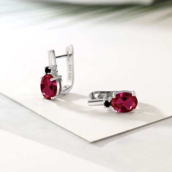 925 Sterling Silver with 4.12 Cttw Ruby and Black Diamond Oval Drop Earrings